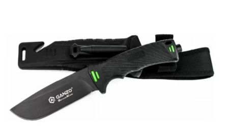 Нож Ganzo с точилкой и огнивом в чехле,черный G8012-BK